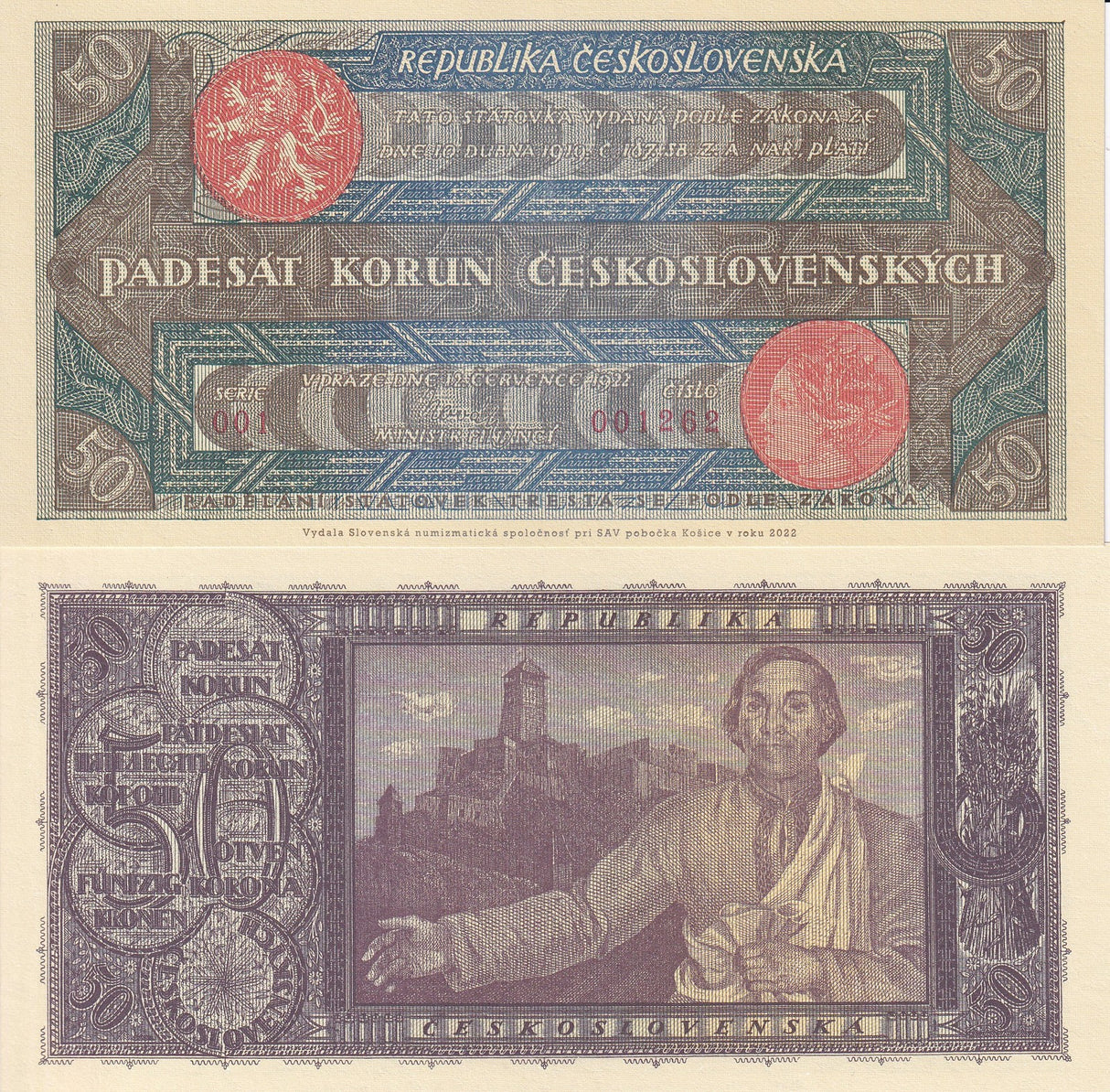 Czechoslovakia 50 Korun 1922/2022 P 16 Official Reprint W/Folder UNC