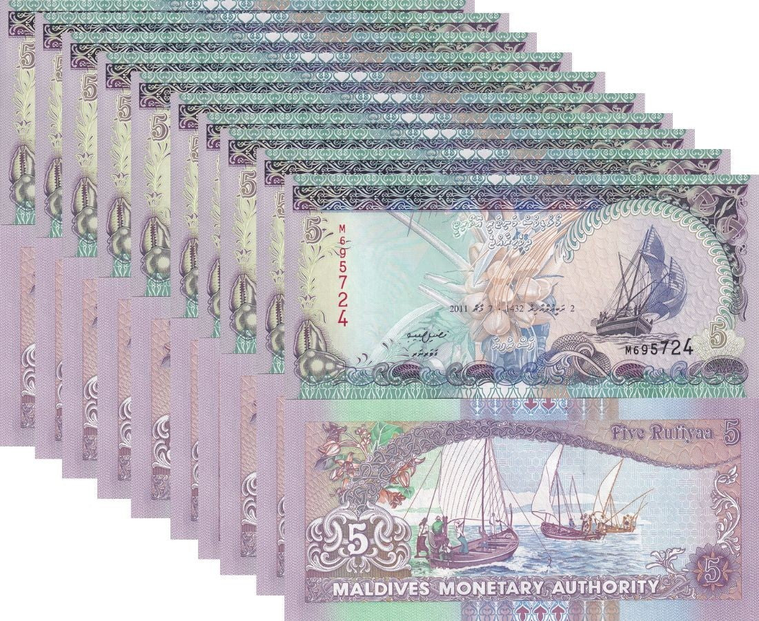 Maldives 5 Rufiyaa 2011 P 18 e UNC Lot 10 PCS, Fishing boats ,Printer TDLR