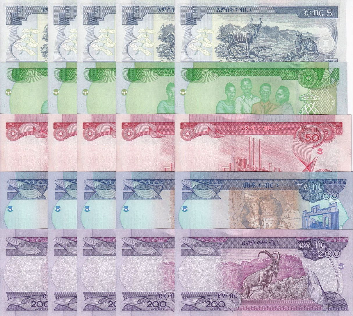 Ethiopia Set 5 x Lot 5=25 UNC 5 10 50 100 200 Birr 2012-2023 P 47 53 54 55 56