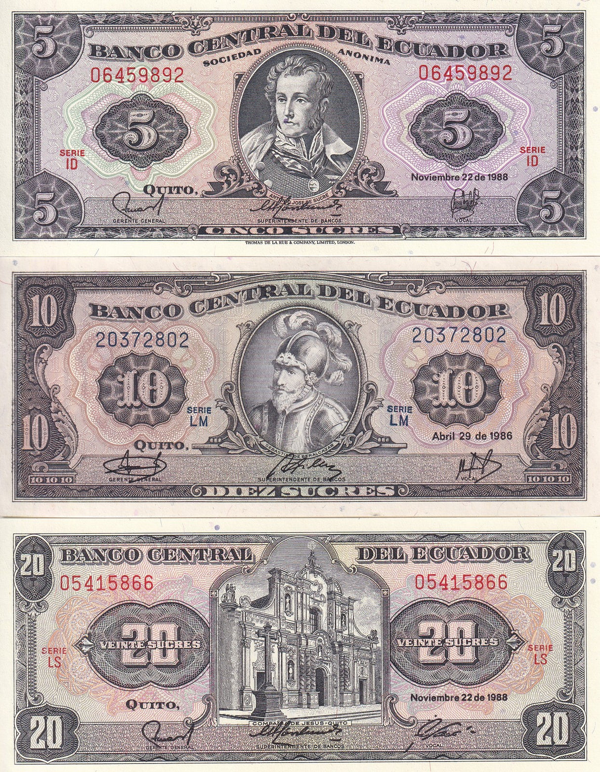 Ecuador Set 3 UNC 5 10 20 Sucres 1986-1999 P 113 121 121Aa