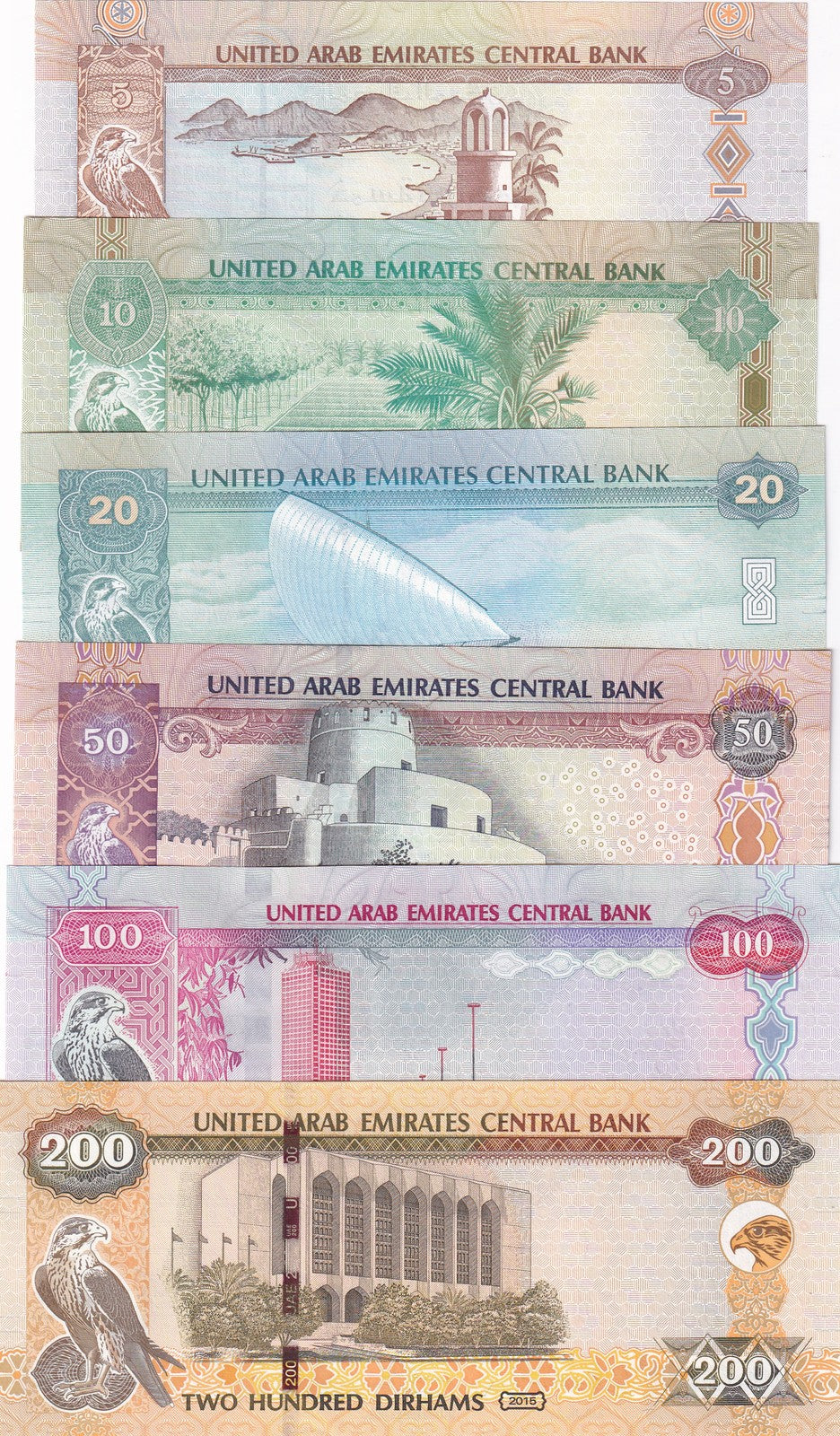 UAE United Arab Emirates Set 6 UNC 5 10 - 200 Dirhams Random Year P 26 27 - 31