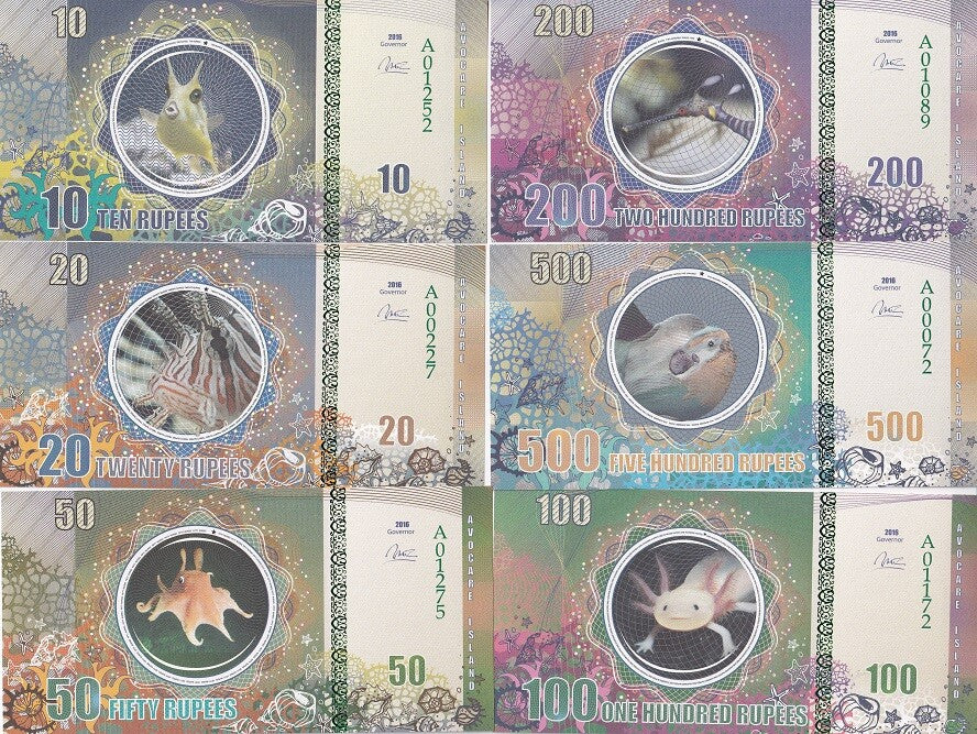 Avocare Island Set 6 10 20 50 100 - 500 Rupees Pterois Lactoria Axolotl Fantasy