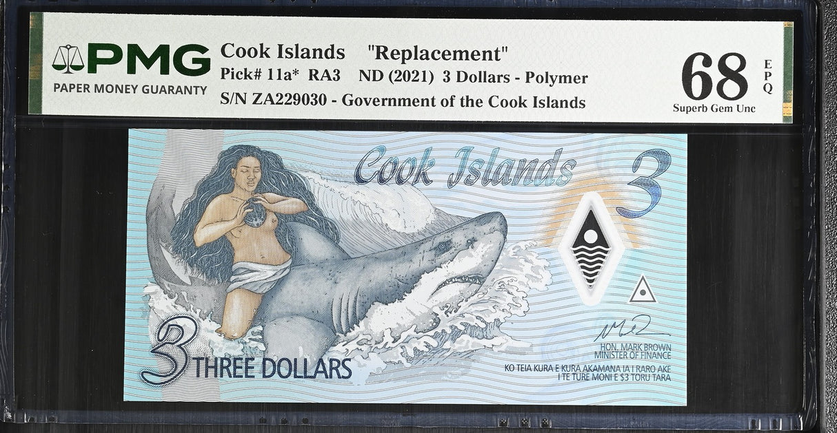 Cook Islands 3 Dollars ND 2021 P 11 a* ZA Replacement Superb Gem UNC PMG 68 EPQ