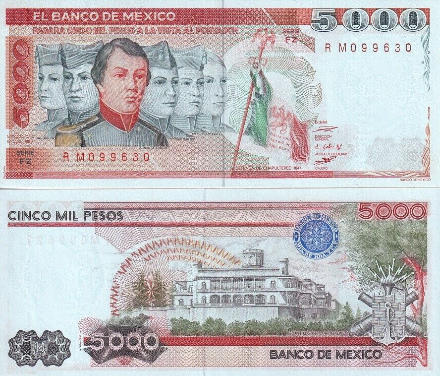 Mexico 5000 Pesos 1985 P 87 series FZ UNC