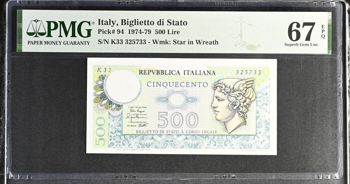 Italy 500 Lire 1974-1979 P 94 Superb Gem UNC PMG 67 EPQ