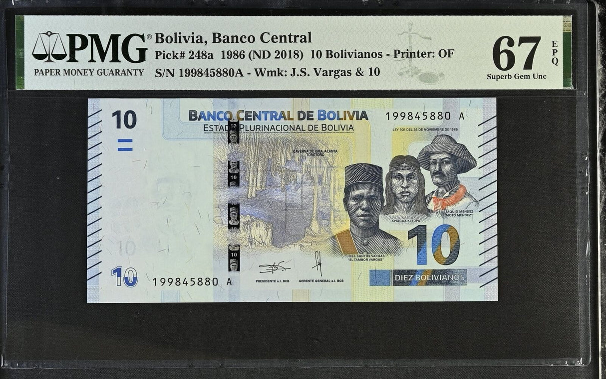 Bolivia 10 Pesos Bolivianos 1986 ND 2018 P 248 a Superb Gem UNC PMG 67 EPQ