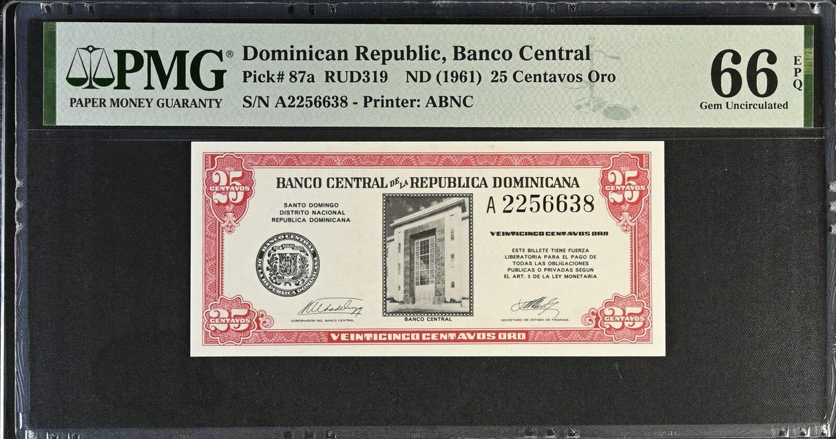 Dominican Republic 25 Centavos Oro ND 1961 P 87 a Gem UNC PMG 66 EPQ
