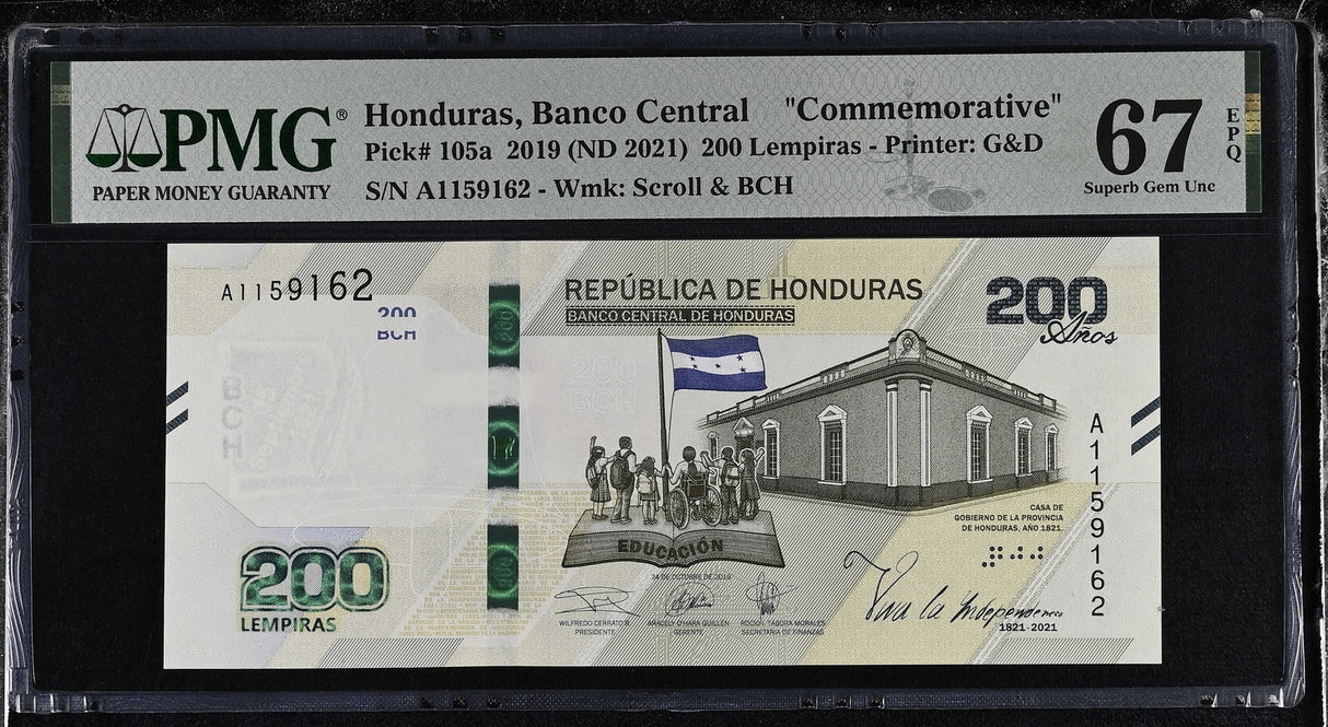 Honduras 200 Lempiras 2019 ND 2021 P 105 a Comm. Superb Gem UNC PMG 67 EPQ