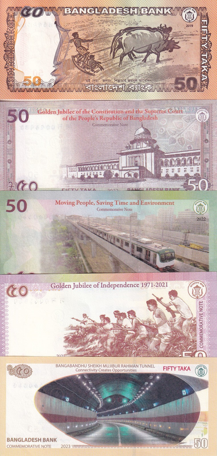 Bangladesh Set 5 UNC 50 Taka Random Year P 56A 69 71 72 73