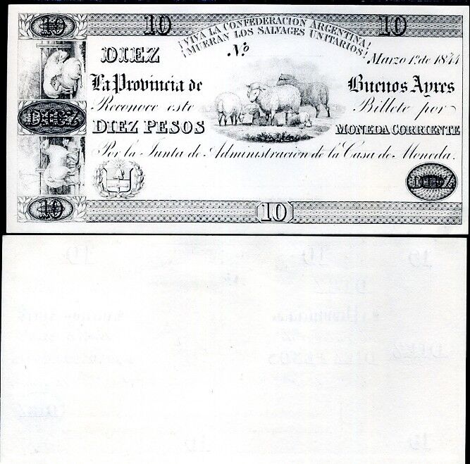 ARGENTINA 10 PESOS 1844 P S386 MODERN ENGRAVED REPRINT UNC