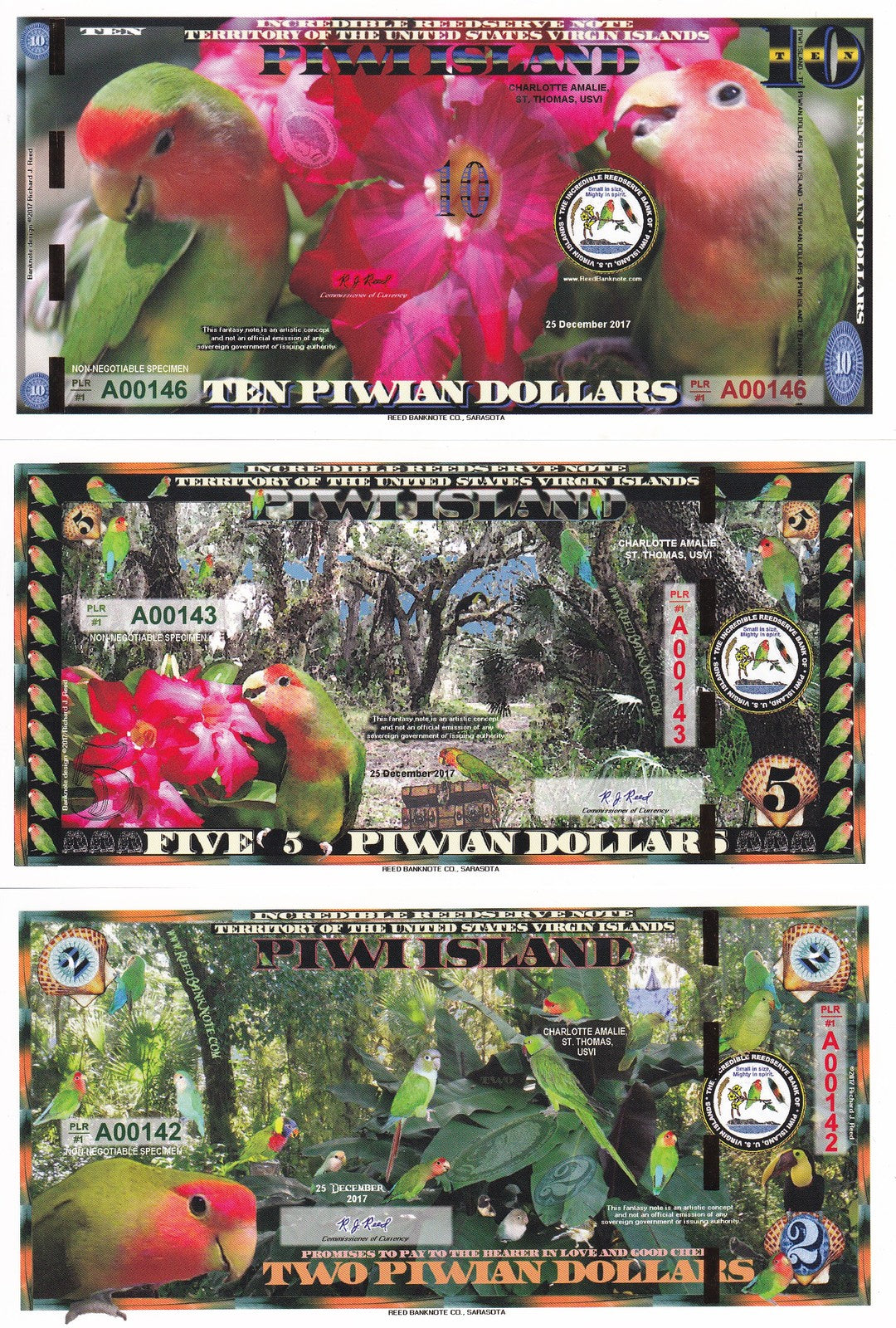 Piwi Island Set 3 Pcs 2 5 10 Dollars 2017 Polymer Parrot Fantasy