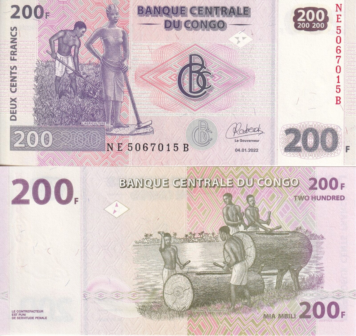 Congo 200 Francs 2022 P 99B New Sign UNC