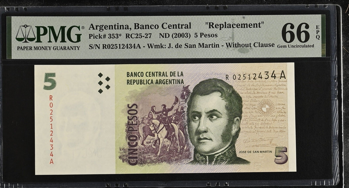 Argentina 5 Pesos ND 2003 P 353 a* Replacement Gem UNC PMG 66 EPQ
