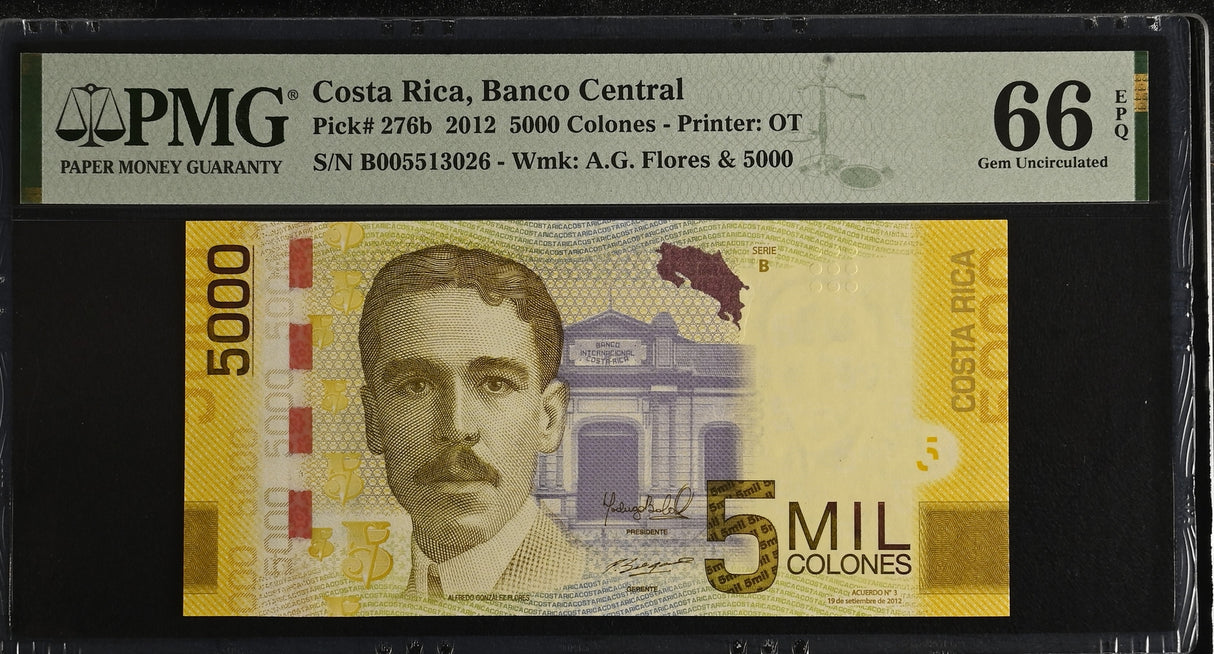 Costa Rica 5000 Colones 2012 P 276 b Gem UNC PMG 66 EPQ