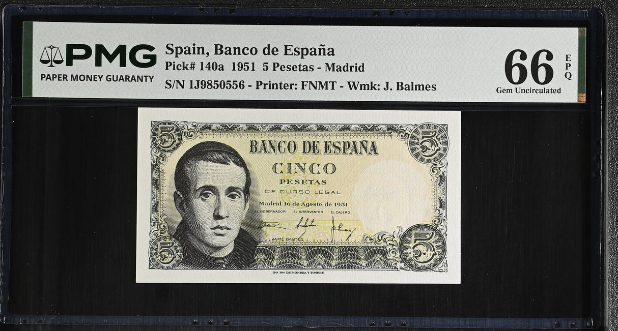 Spain 5 Pesetas 1951 P 140 a Gem UNC PMG 66 EPQ