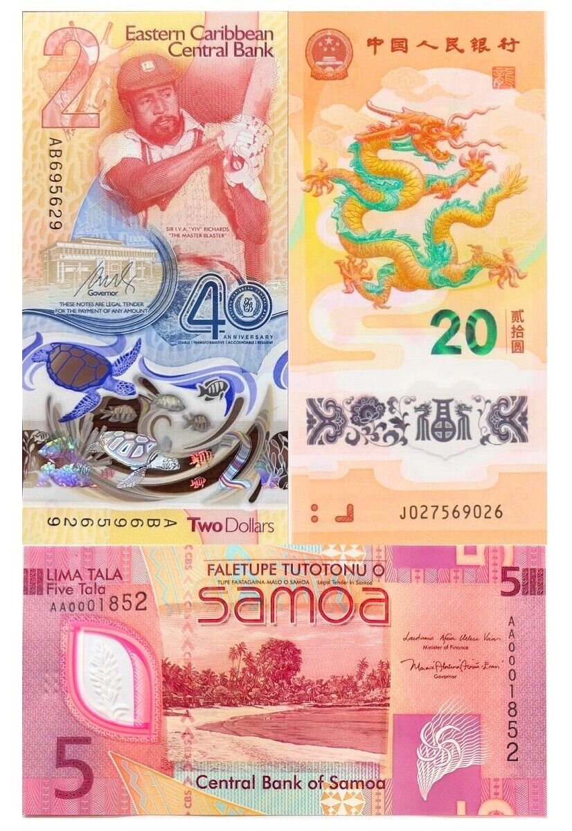 SET 3 UNC Polymer China 20 Yuan SAMOA 5 TL East Carribean 2 D 2024 P NEW COMM