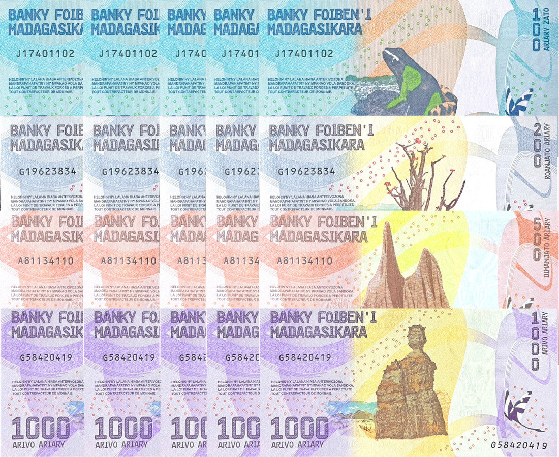 Madagascar Set 4 x Lot 5=20 UNC 100 200 500 1000 Ariary 2017 P 97 98 99 100
