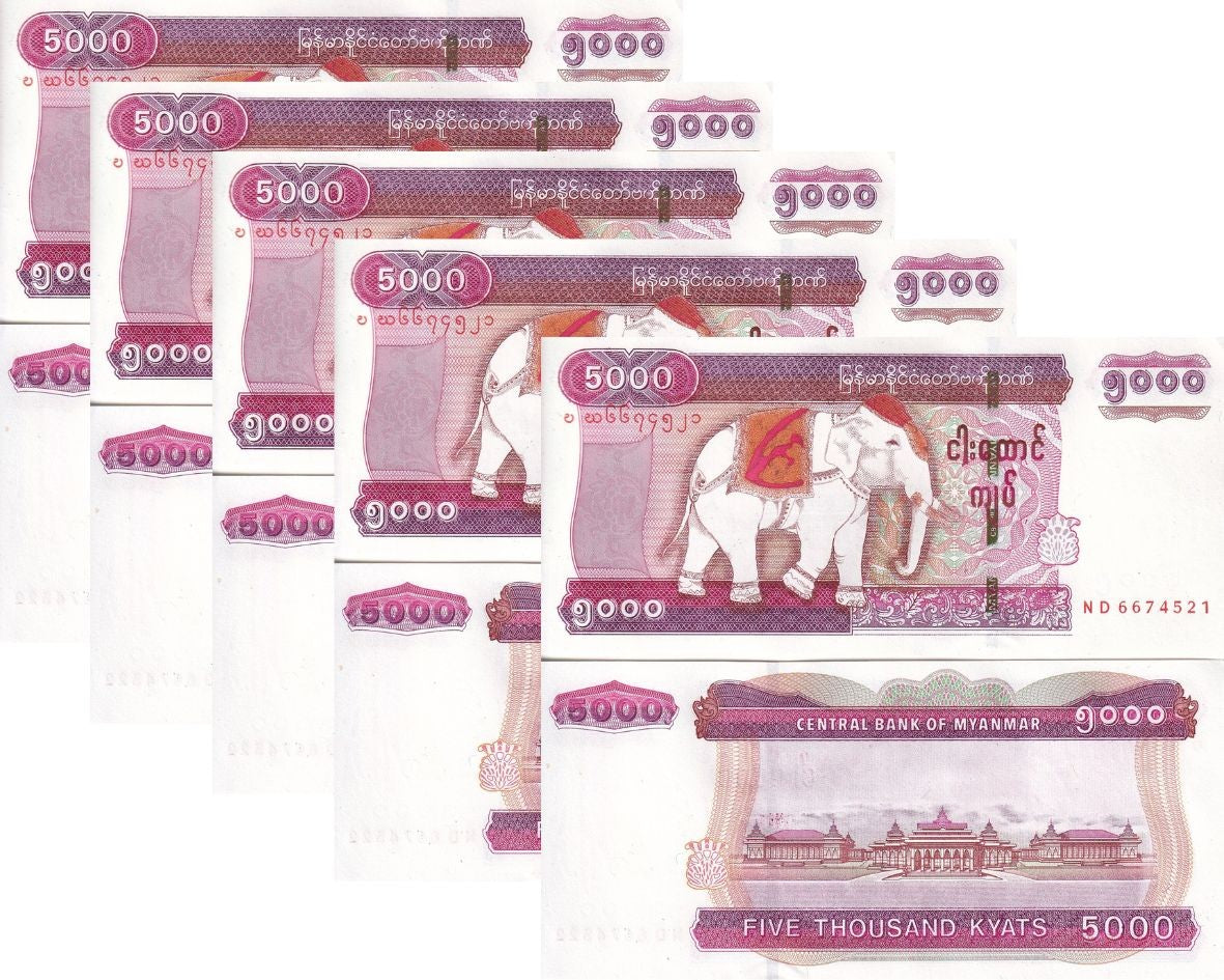 Myanmar 5000 Kyats Burma ND 2014 P 83 UNC LOT 5 PCS