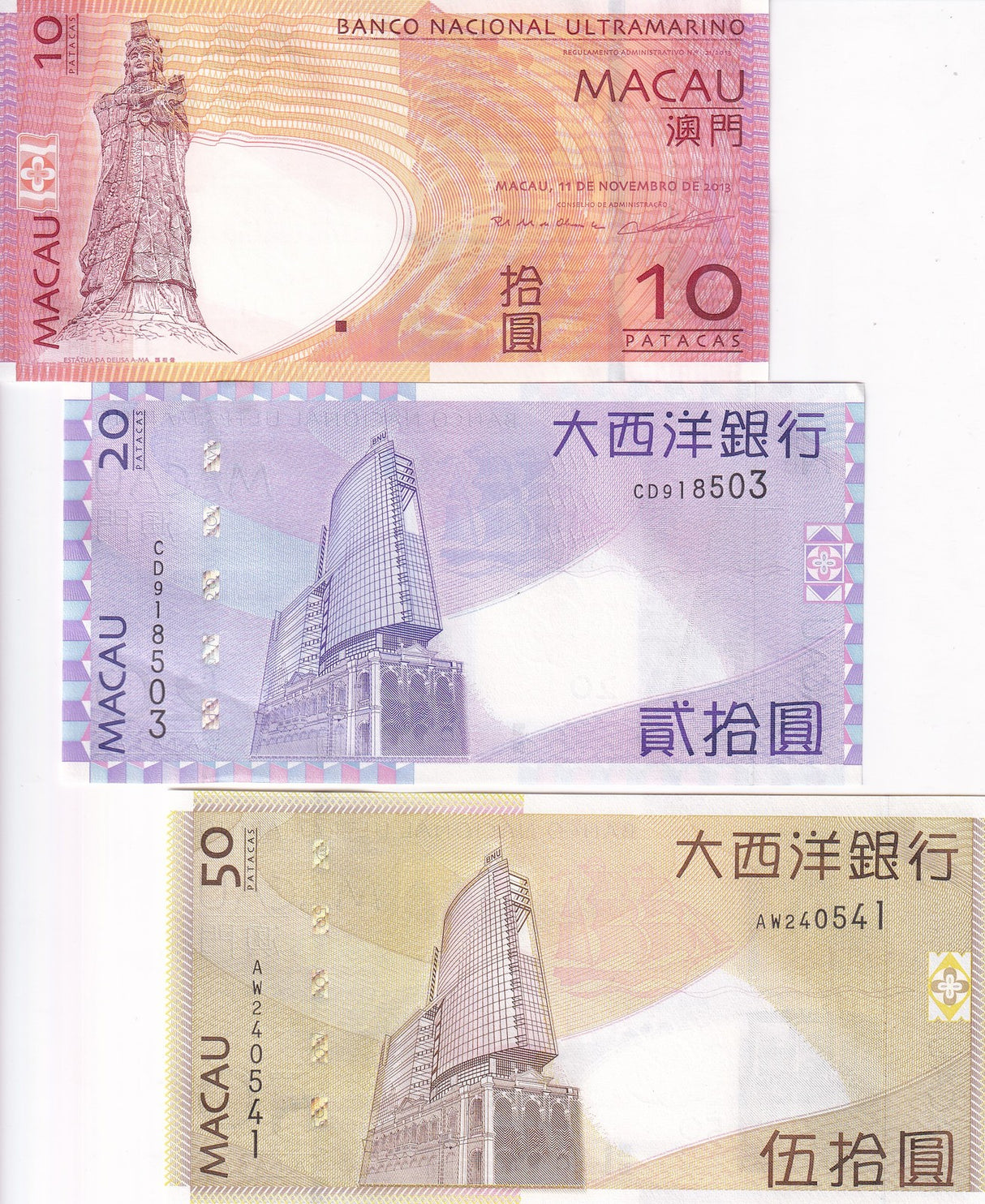 Macau Set 3 PCS 10 20 50 Patacas Random Year P 80 P 81 P 81Ac UNC