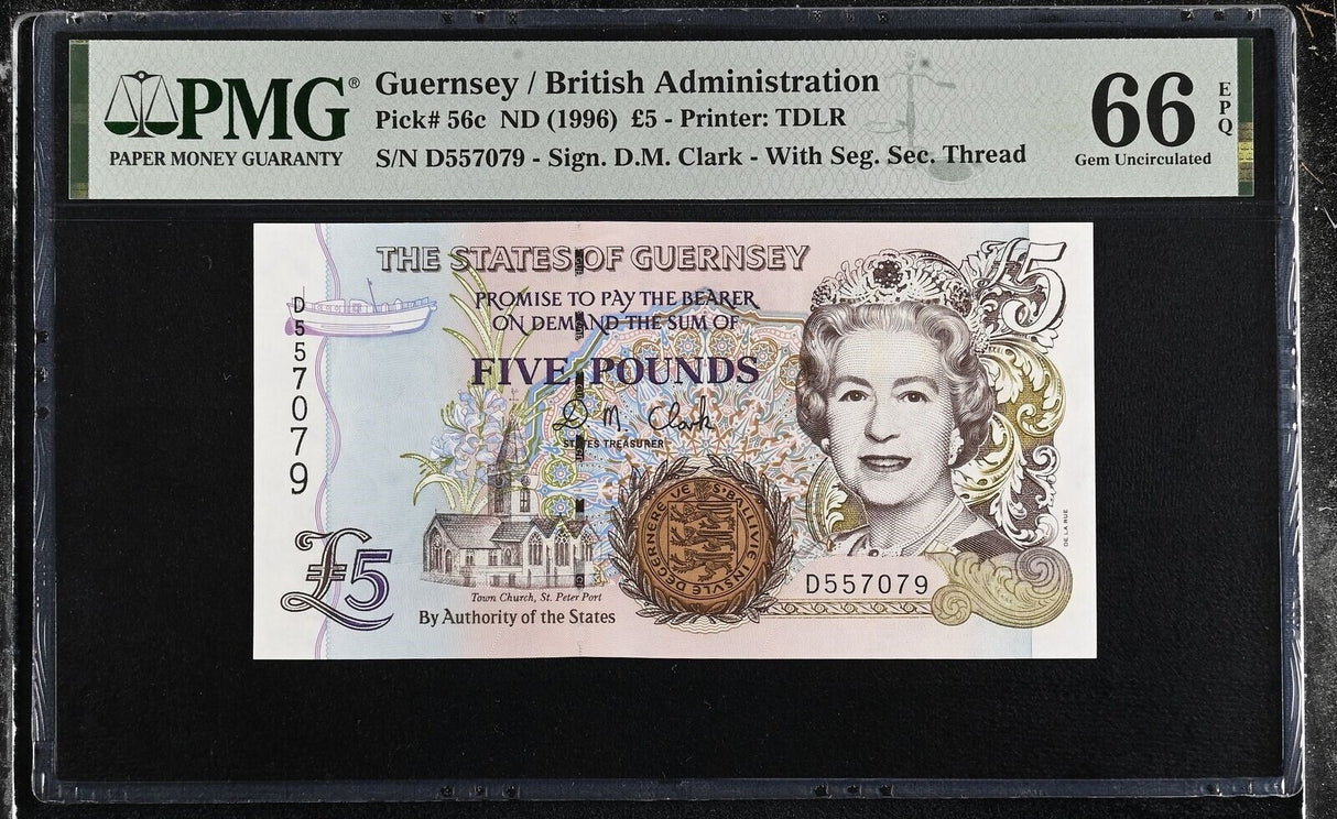 Guernsey 5 Pound ND 1996 P 56 c Gem UNC PMG 66 EPQ