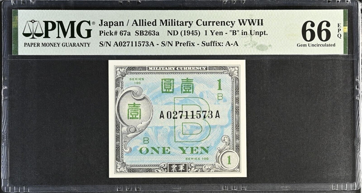 Japan 1 Yen ND 1945 P 67 a Gem UNC PMG 66 EPQ