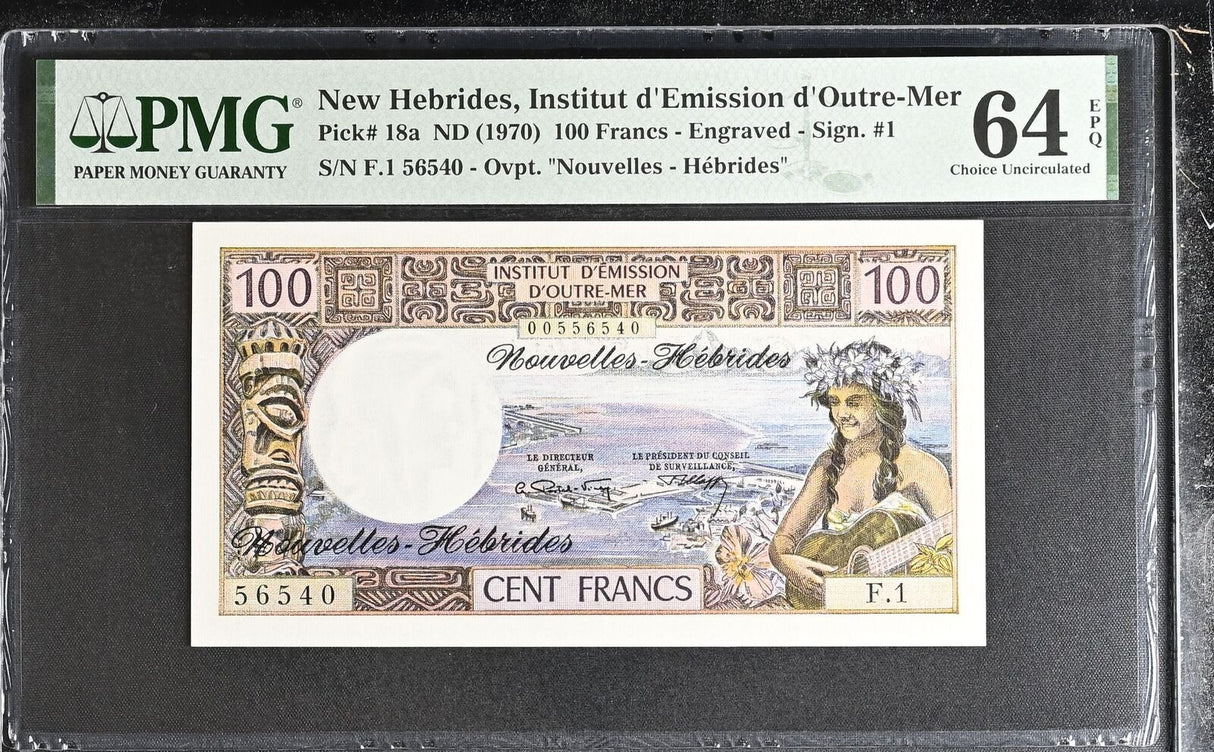 NEW Hebrides 100 Francs ND 1970 P 18 a Choice UNC PMG 64 EPQ