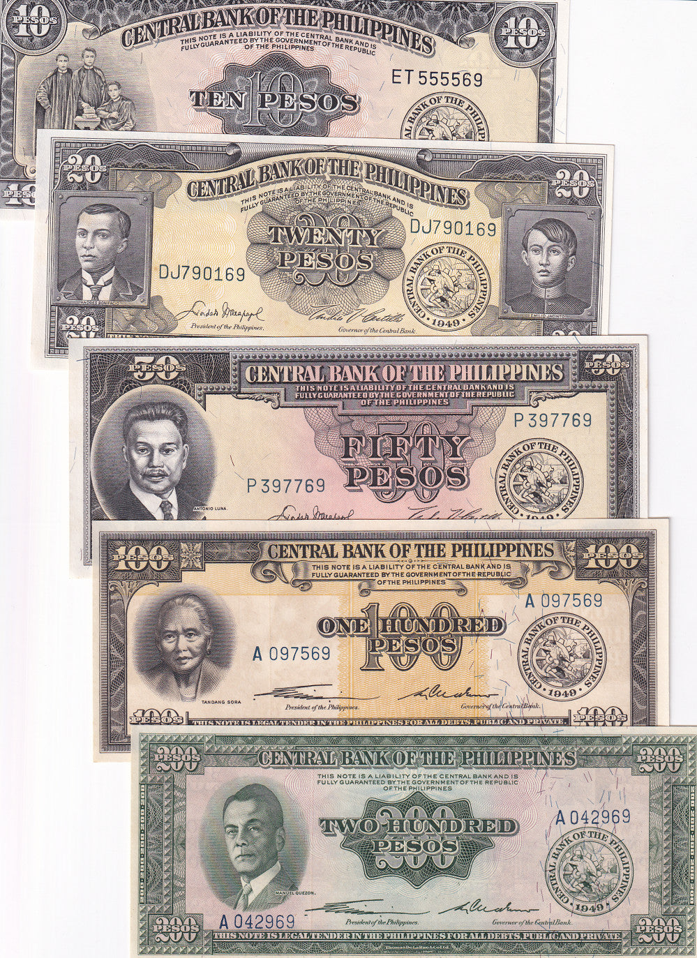 Philippines Set 5 UNC 10 20 50 100 200 Pesos ND 1949-1969 P 136 137 -140 Little Yellow Tone