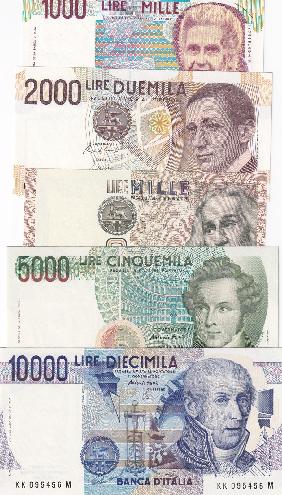 Italy Set 5 UNC 1000 2000 5000 10000 Lire Random Year P 109 111 112 114 115