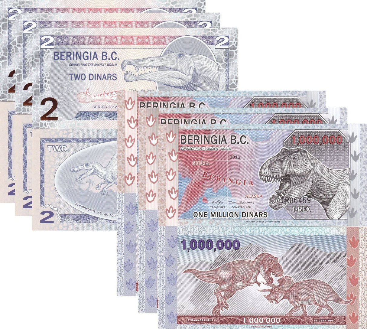 Beringia B.C. Set 2 XLot 3 PcS 1000000 1 2 Million Dinars 2012 Polymer Dinosours