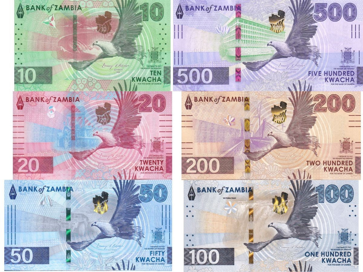 Zambia Set 6 UNC 10 20 50 100 200 500 Kwacha 2024 2025 P 62 63 64 65 66 67
