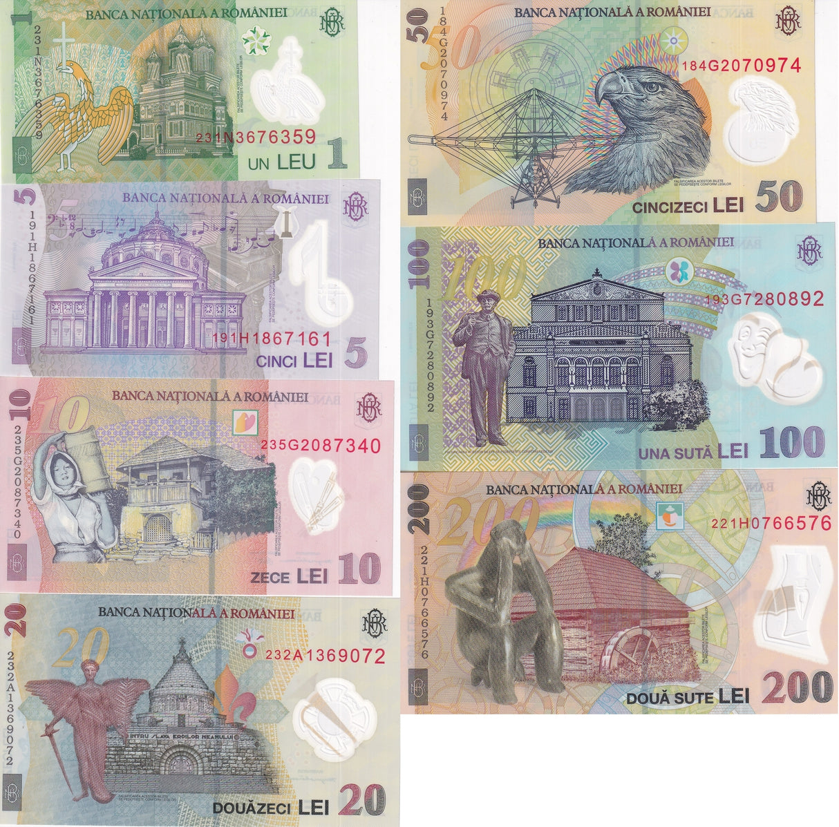 Romania Set 7 UNC 1 5 10 20 50 100 200 Lei Random Year P 117- 121 122 Polymer