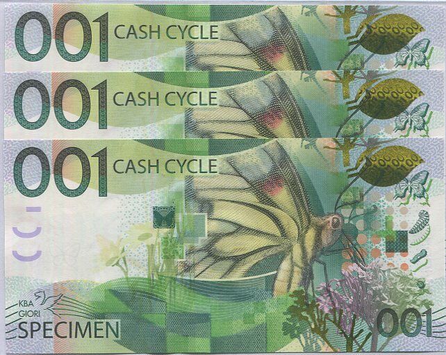 KBA Giori Butterfly 001 Cash Cycle SPECIMEN TEST NOTE Lot 3 PCS