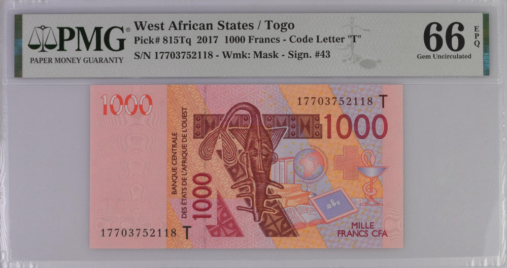 West African States Togo 1000 Francs 2017 P 815Tq Gem UNC PMG 66 EPQ