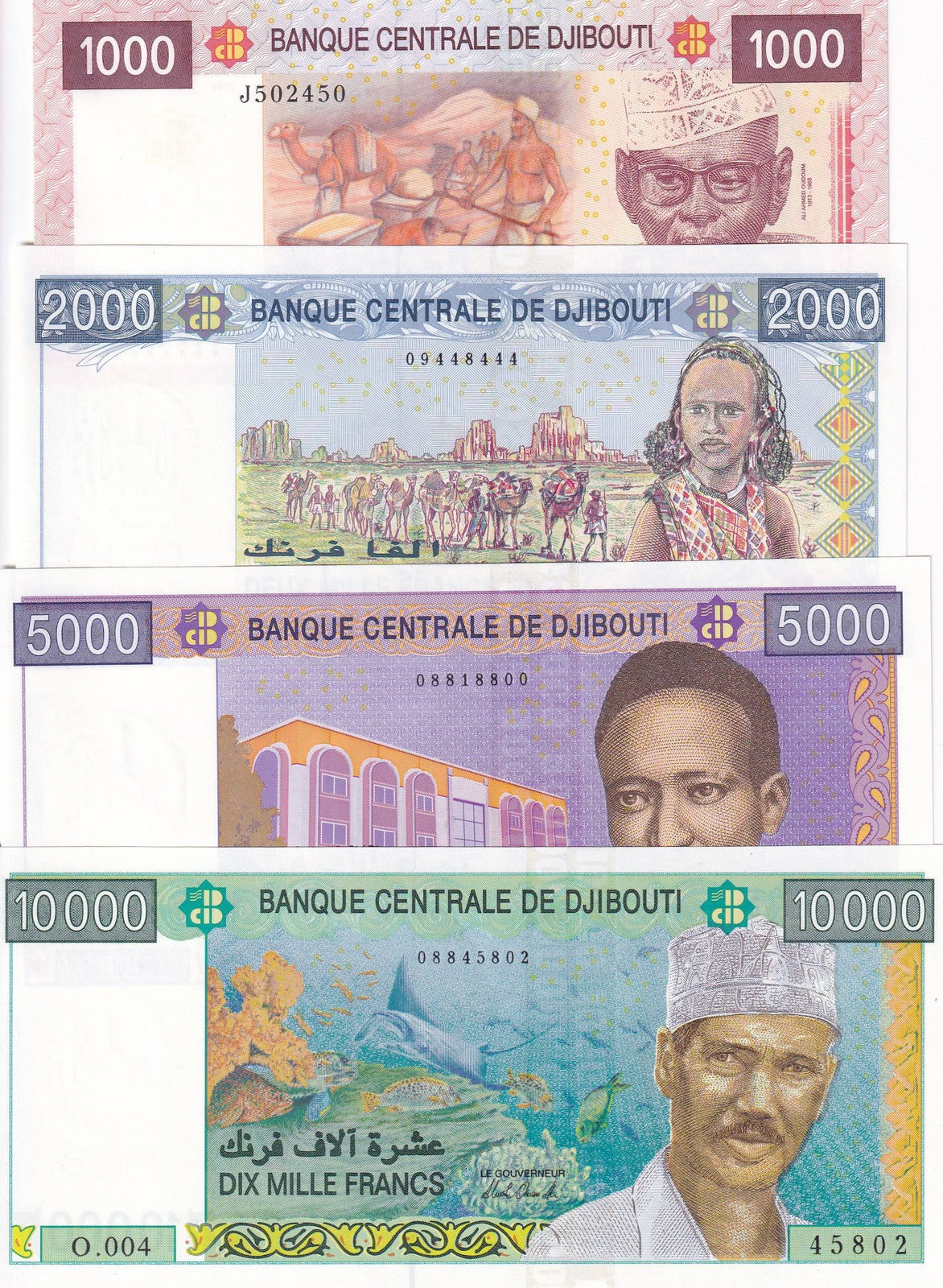 Djibouti Set 4 Pcs 1000 2000 5000 10000 Francs ND 2005 2021 P 42 43 44 45 UNC