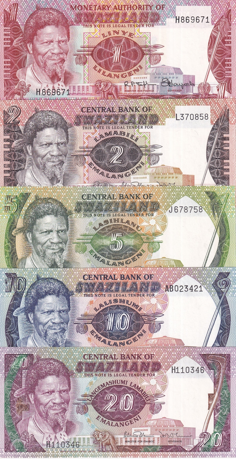 Swaziland Set 5 UNC 1 2 5 10 20 Emalangeni ND 1974 1982-1986 P 1 8 9 10 11 b