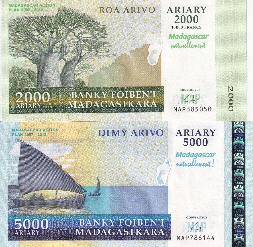 Madagascar Set 2 PCS 2000 5000 Ariary ND 2008 P 93 94 COMM UNC