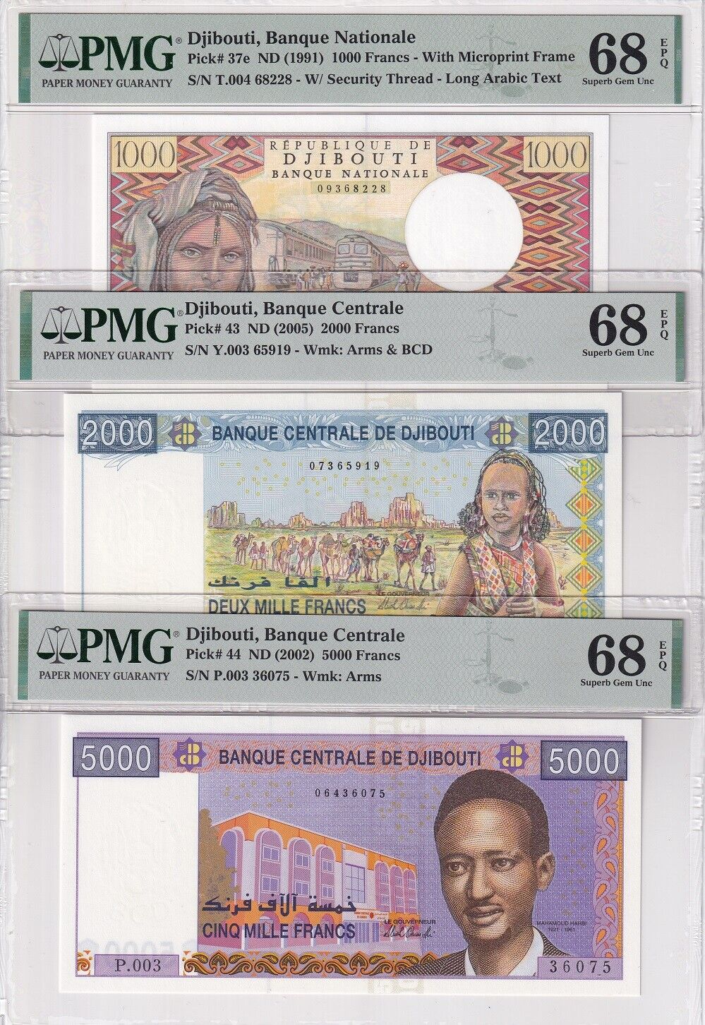 Djibouti Set 3;1000 2000 5000 F. 1991-2005 P 37 43 44 Superb Gem UNC PMG 68 EPQ