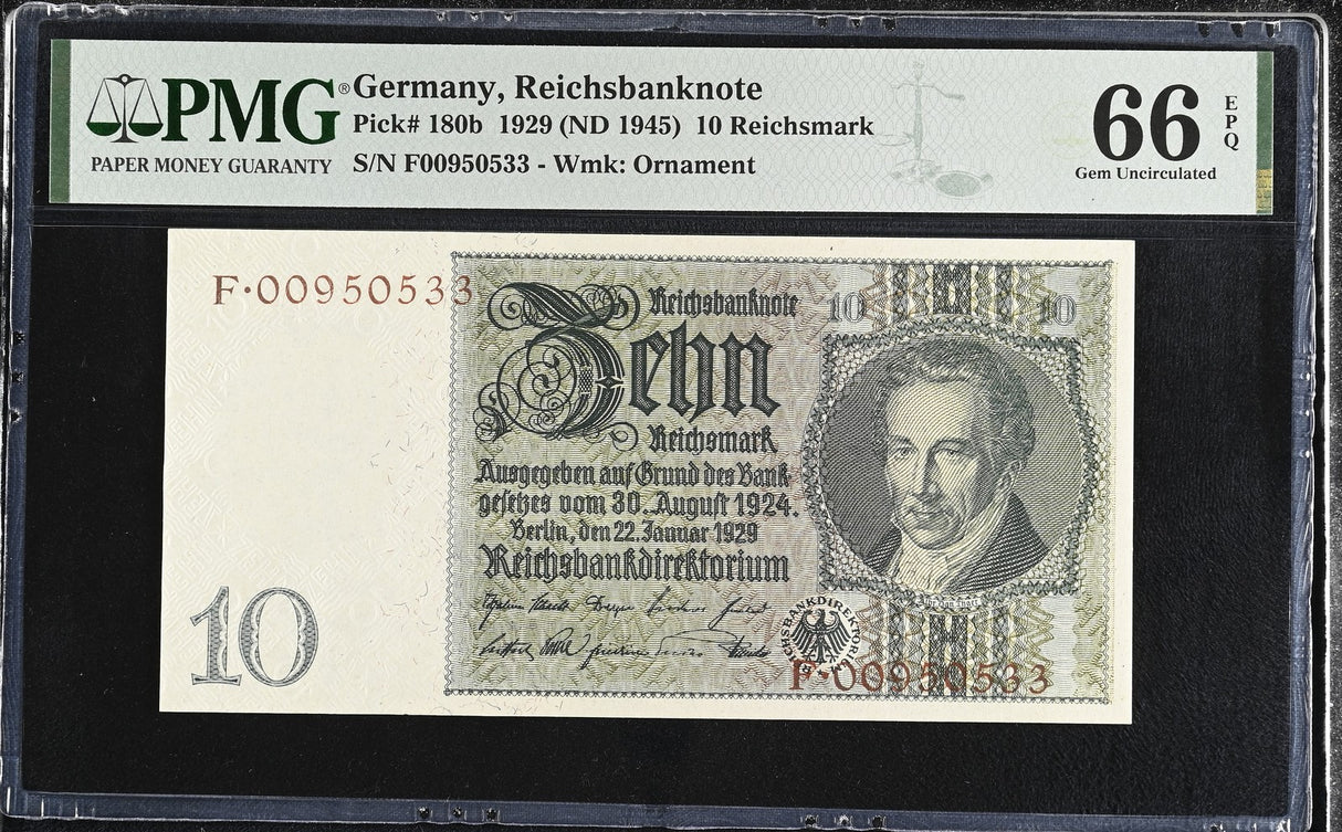 Germany 10 Rentenmark 1929 ND 1945 P 180 b Gem UNC PMG 66 EPQ