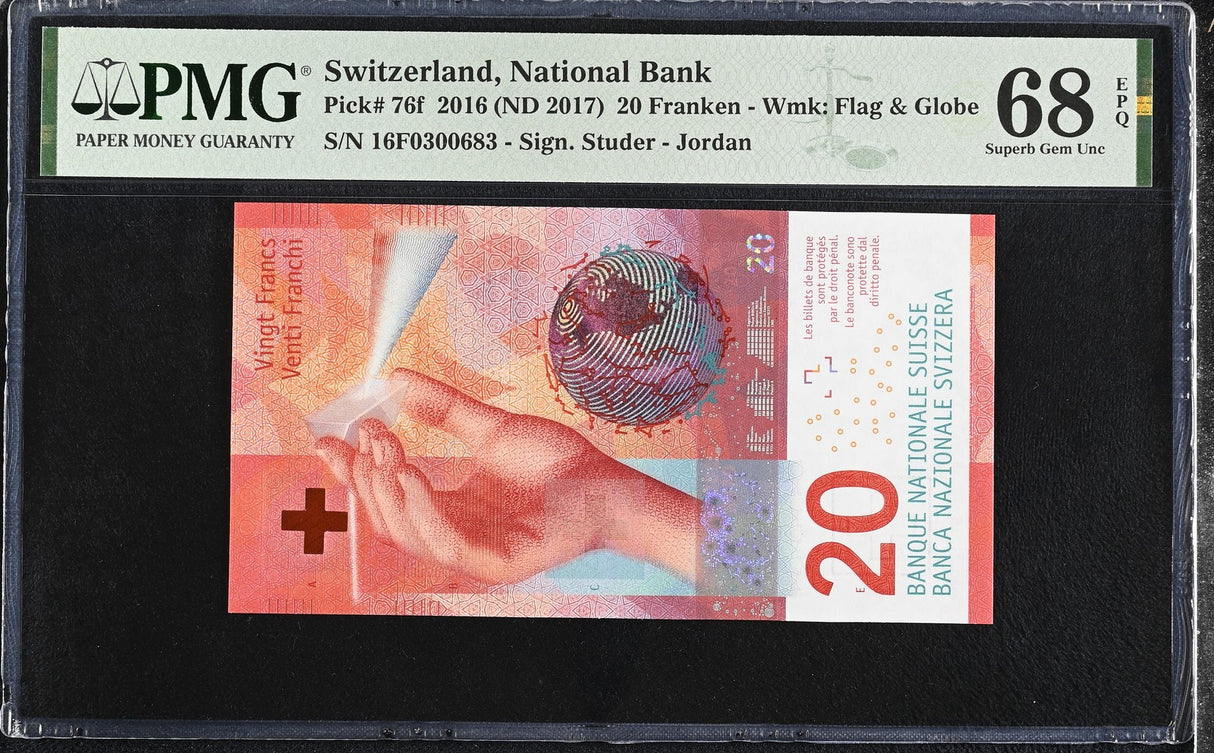 Switzerland 20 Franken 2016 ND 2017 P 76 f Superb Gem UNC PMG 68 EPQ TOP POP