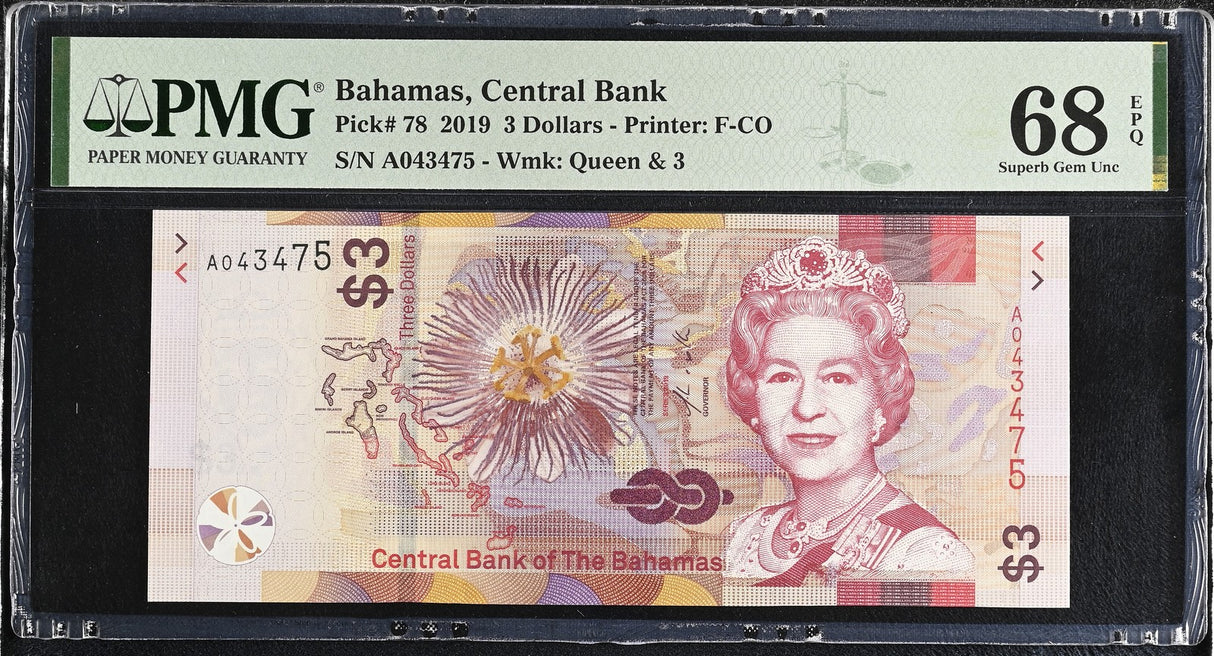 Bahamas 3 Dollars 2019 P 78 Superb Gem UNC PMG 68 EPQ