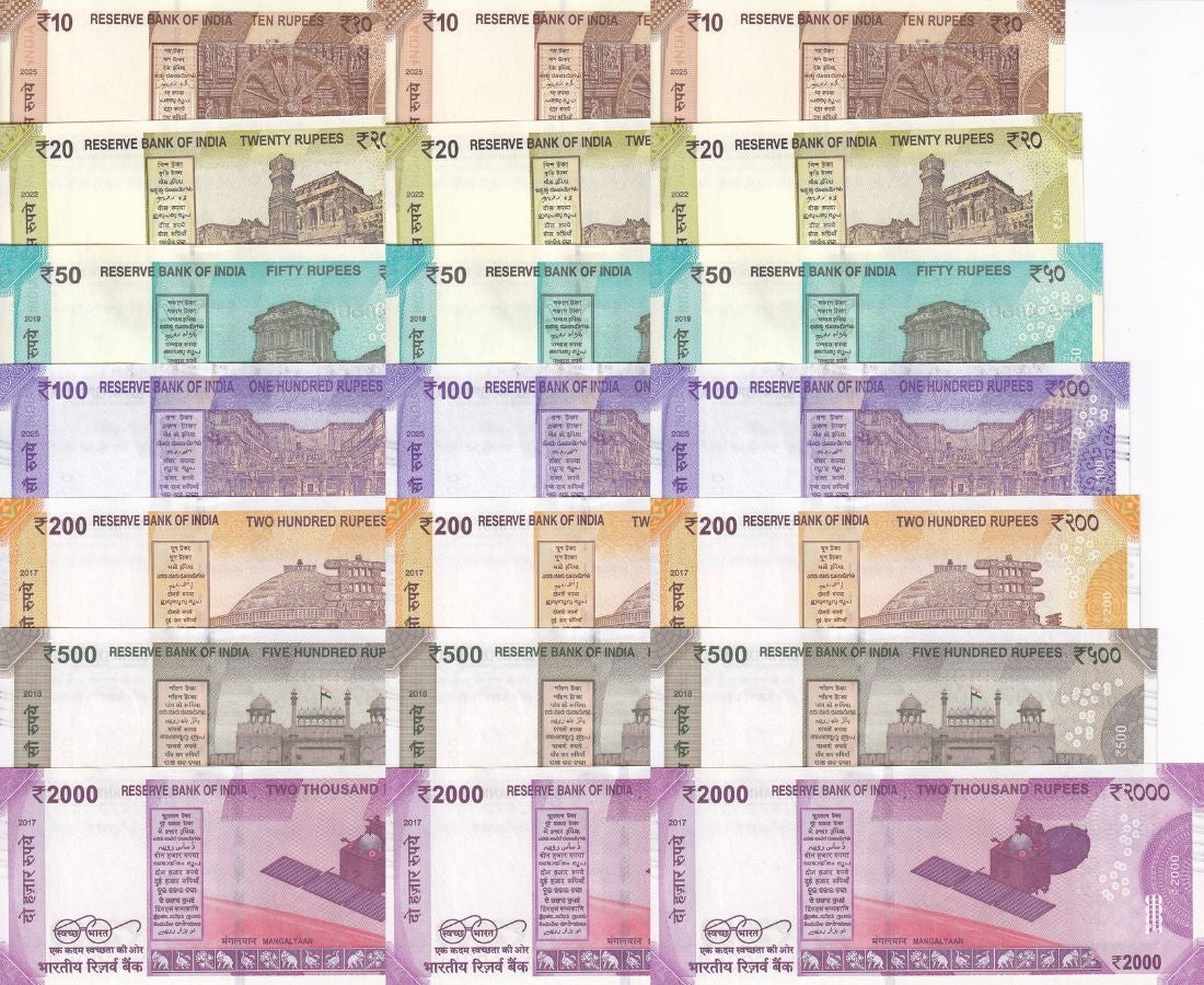 India Set 7 X LOT 3= 21 UNC 10 20 50 100 200-2000 Rupees Random Year P 109-116