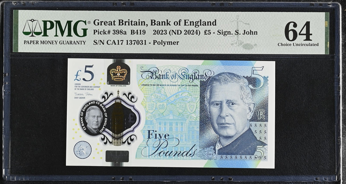 GREAT BRITAIN 5 Pounds 2023 ND 2024 P 398 a Polymer Choice UNC PMG 64