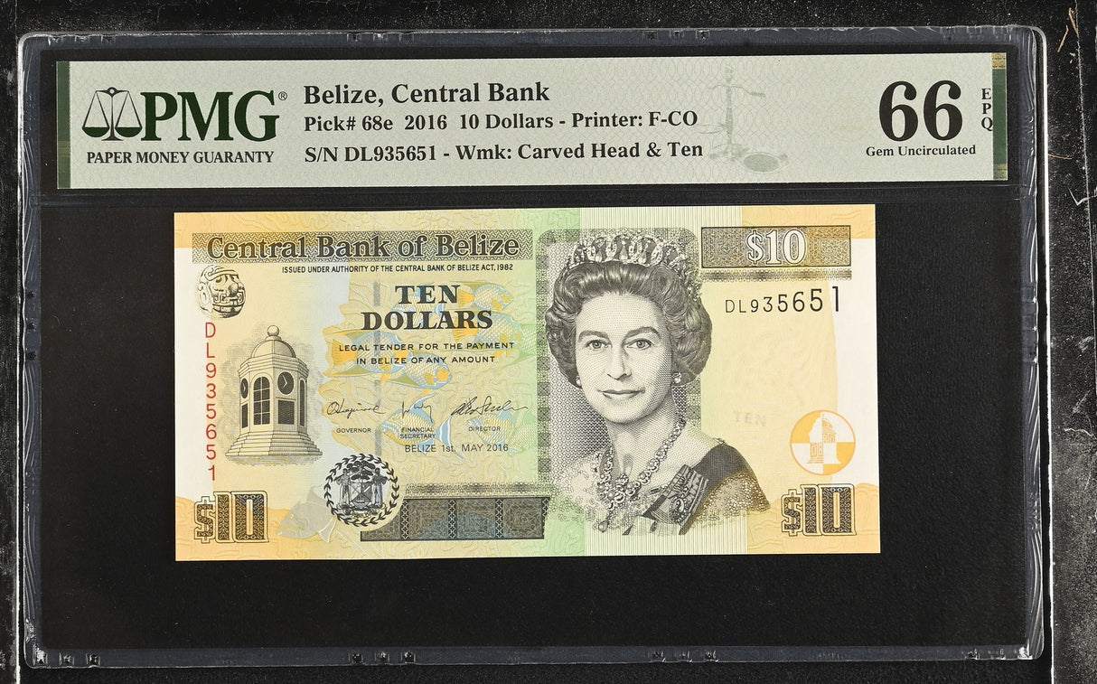 Belize 10 Dollars 2016 P 68 e QEII Gem UNC PMG 66 EPQ