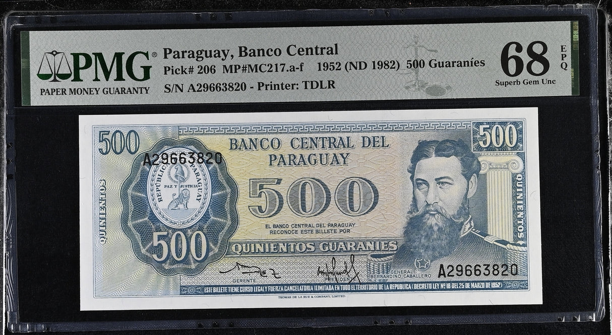 Paraguay 500 Guaranies 1952 ND 1982 P 206 Superb Gem UNC PMG 68 EPQ