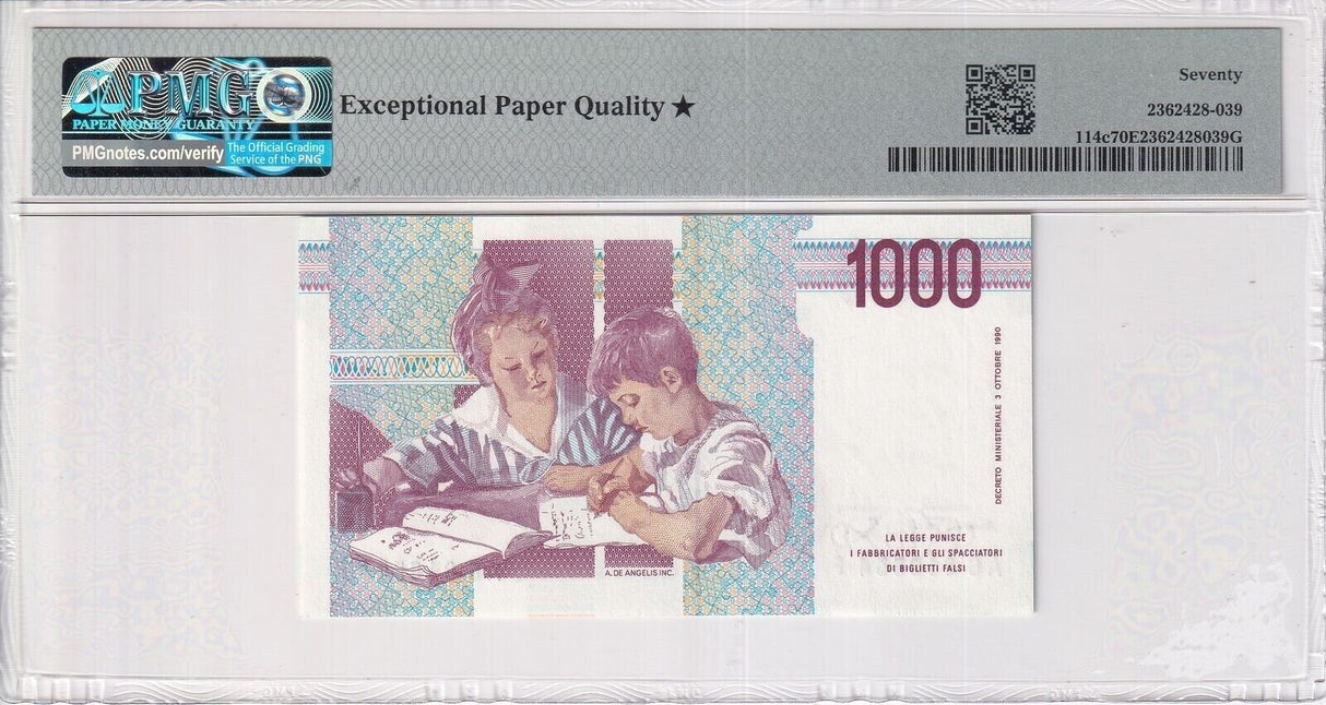 Italy 1000 Lire 1990 P 114 c Superb Gem UNC PMG 70 EPQ Extra Star TOP