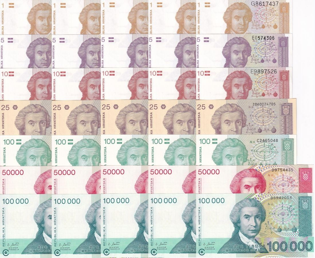 Croatia Set 7 x LOT 5= 35 UNC 1 5 10 - 100000 D. 1991-93 P 16 17 18 19 20 26 27