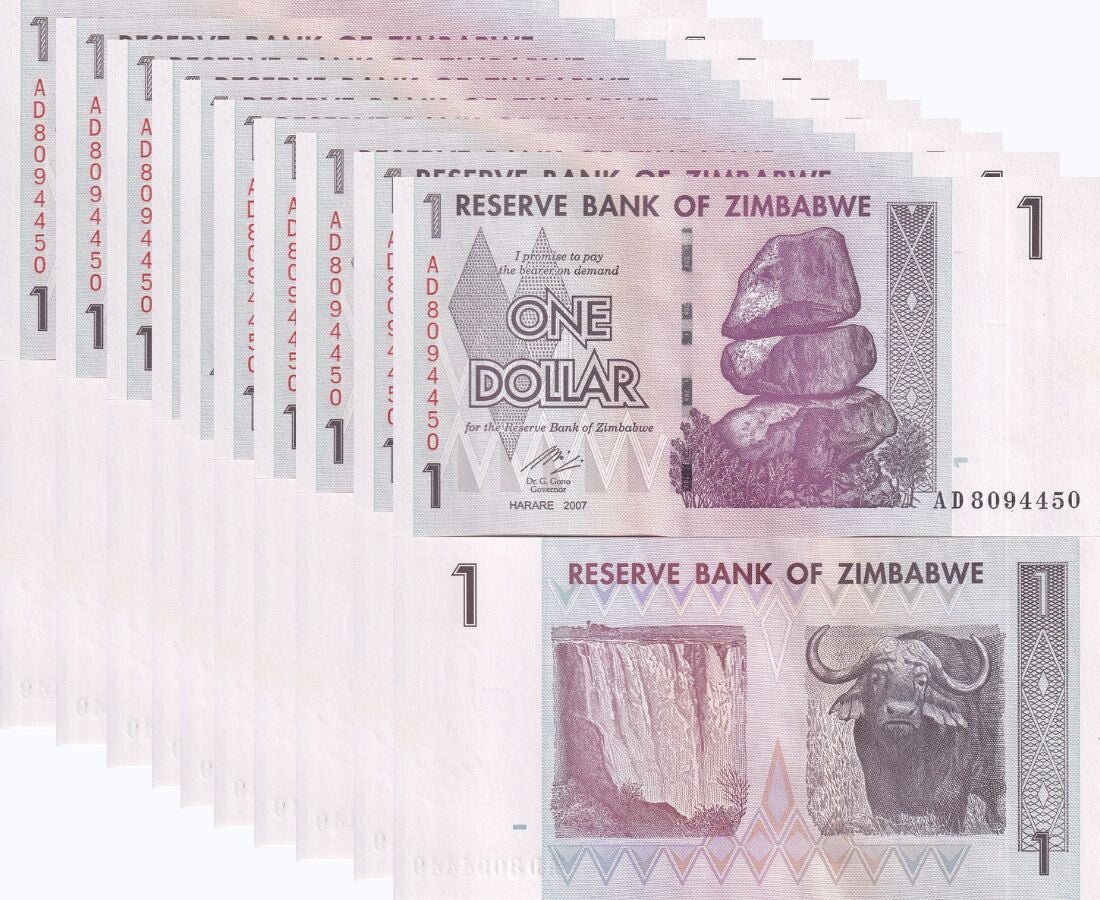 Zimbabwe 1 Dollar 2007 P 65 AUnc LOT 10 PCS