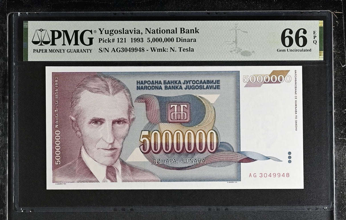 Yugoslavia 5 Million Dinara 1993 P 121 Gem UNC PMG 66 EPQ