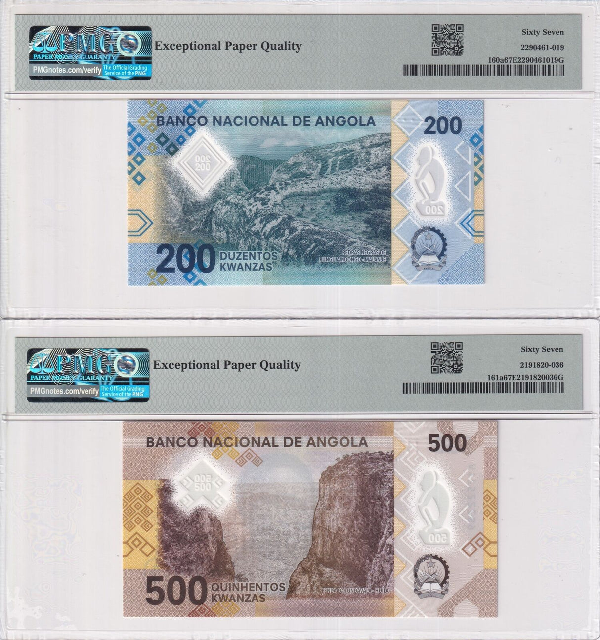 Angola Set 2; 500 1000 Kwanzas 2020 P 160 161 Polymer Superb Gem UNC PMG 67 EPQ
