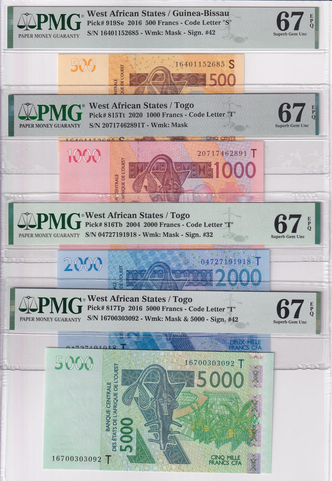 West African Set 4; 500 1000-5000 Francs 2016 P 919 Superb Gem UNC PMG 67 EPQ
